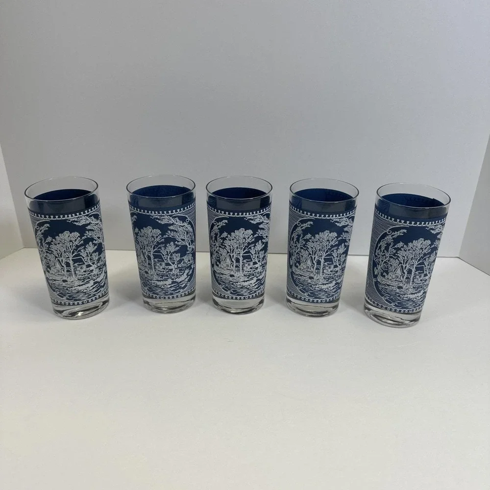 Set of 5 Vintage Currier and Ives Old Grist Mill Blue and White Glass Tumblers